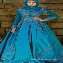 Blue Arab HiJab Long Sleeve Muslim Wedding Dress Bridal Gown